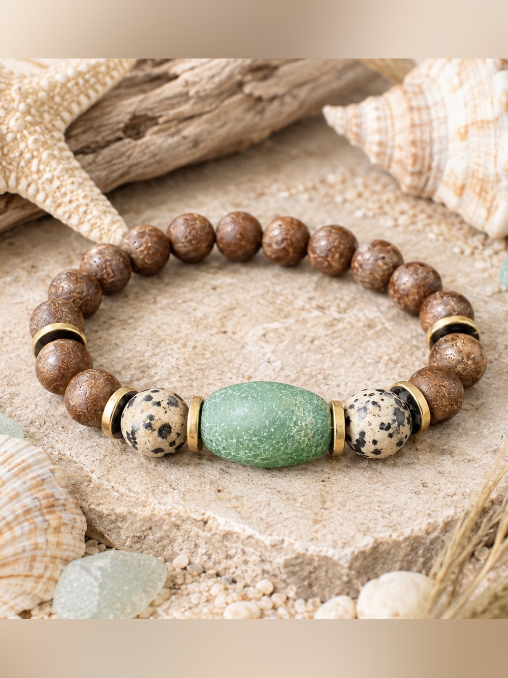 Sandalwood & Jasper Bead Stretch Bracelet with Gold & Green Glass
